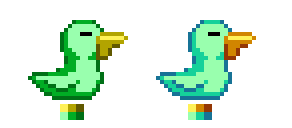 Left: does not use hue shifting, the shading colors are just lowered in lightness. Right: Utilized hue shifting by making the shading colors not only get darker, but we gradually move towards blue for the body and orange for the feathers.